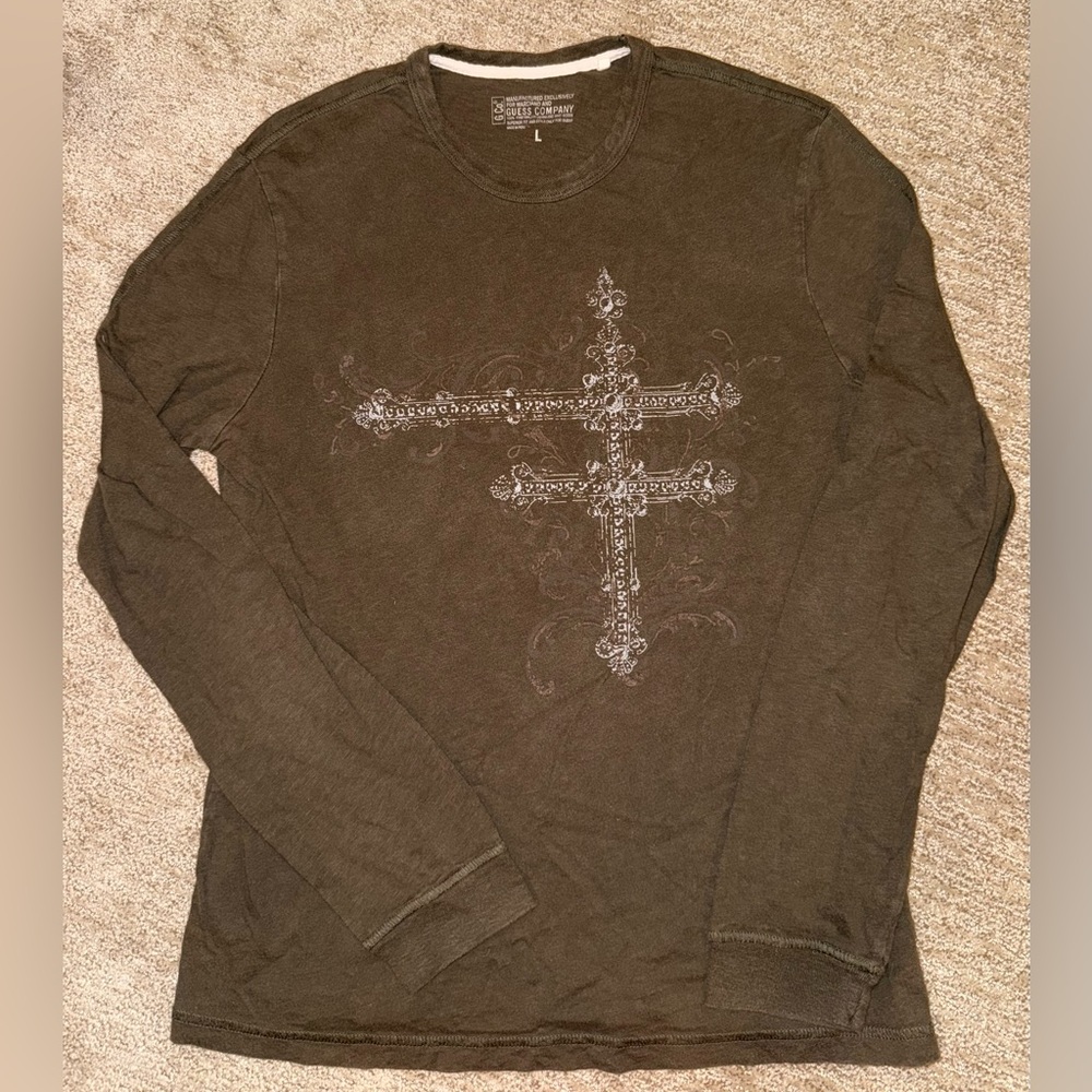 Guess Olive Long Sleeve Shirt with Cross Design